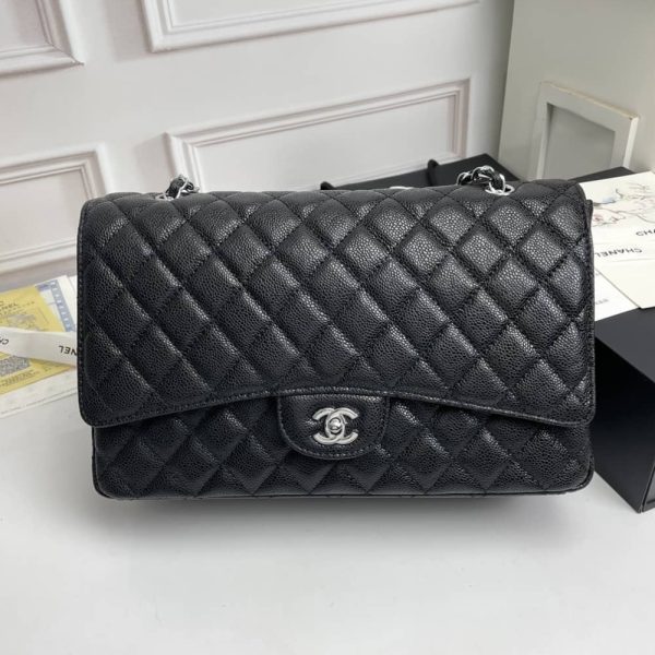 CHANEL CLASSIC LAMBSKIN FLAP SLIVER HARDWARE BLACK 33CM