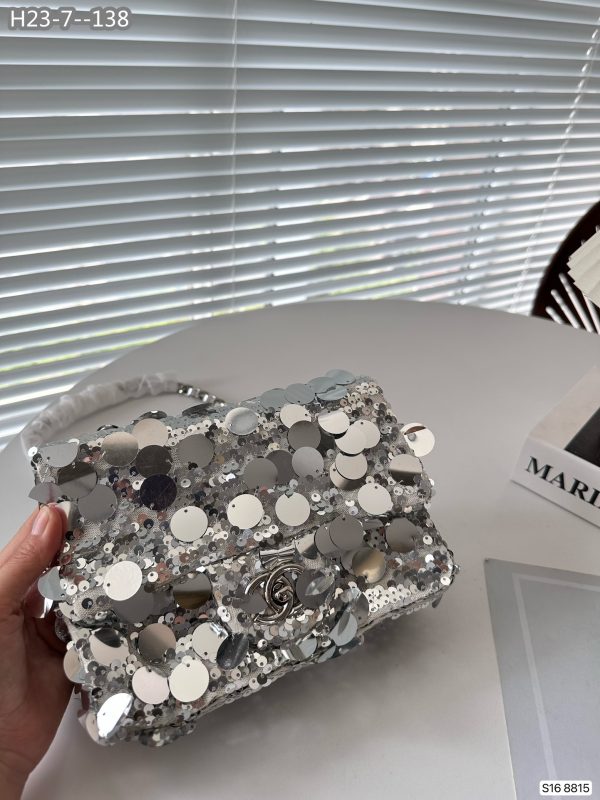 CHANEL SEQUIN MINI FLAP BAG SILVER 19CM