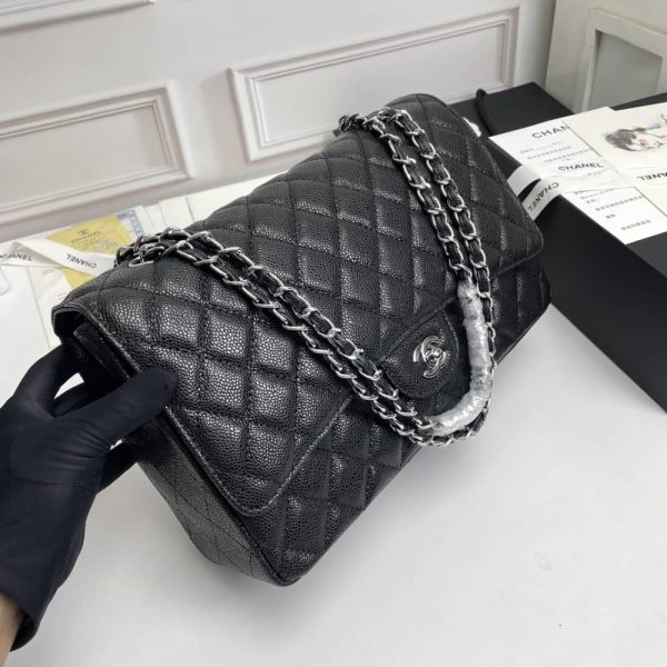 CHANEL CLASSIC LAMBSKIN FLAP SLIVER HARDWARE BLACK 33CM