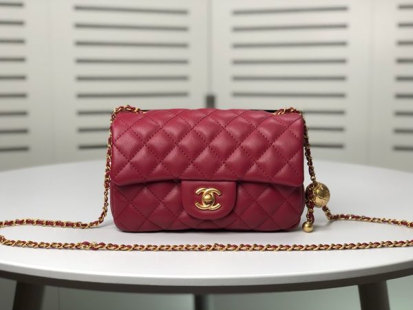 CHANEL QUILTED MINI CC RECTANGULAR PEARL CRUSH FLAP BAG RED 20CM