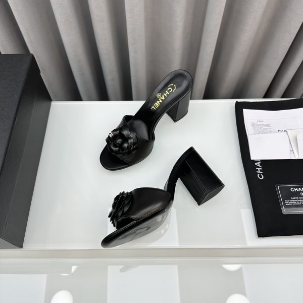 CHANEL CAMELLIA MEDIUM HEEL SLIPPERS LAMBSKIN BLACK