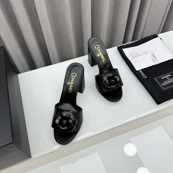 CHANEL CAMELLIA MEDIUM HEEL SLIPPERS LAMBSKIN BLACK