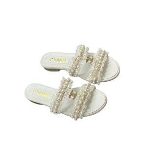 CHANEL MULE SLIPPERS PEARL TWEED WHITE