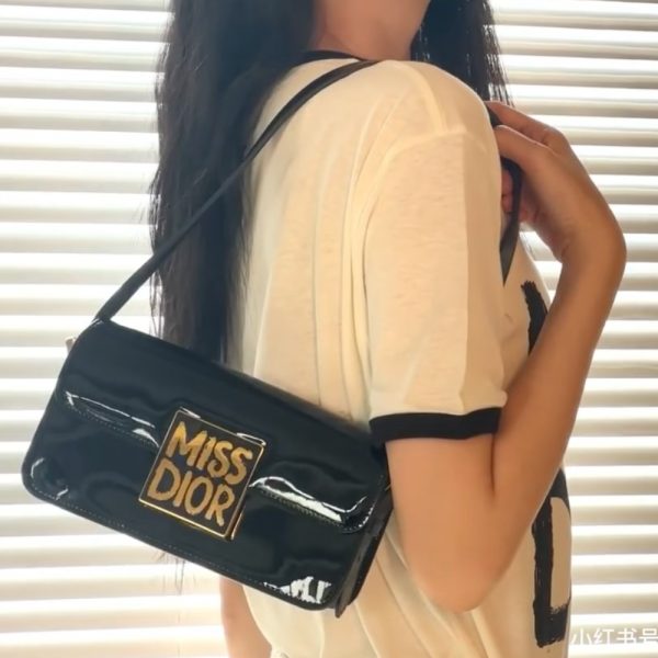 DIOR MISS DIOR FLAP BAG PATENT CALFSKIN BLACK 20CM