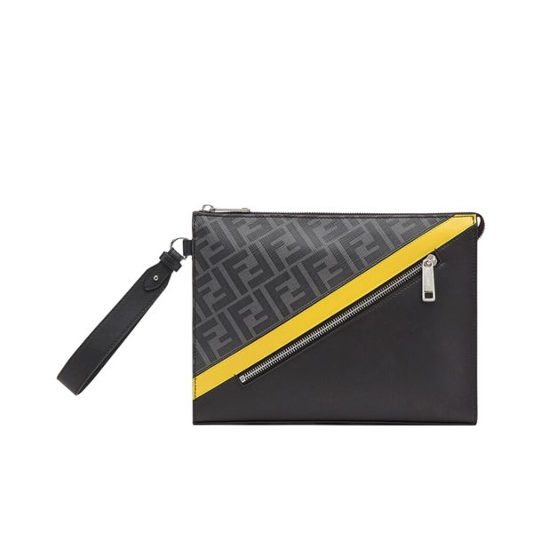 FENDI DIAGONAL FLAT POUCH FF JACQUARD FABRIC BAG BLACK AND GREY 26CM