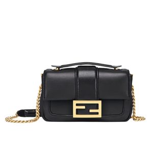 FENDI WOMEN MINI BAGUETTE CHAIN SHOULDER BAG BLACK 19CM