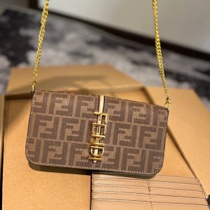 FENDI FENDIGRAPHY FF FABRIC WALLET ON CHAIN BROWN 21CM 8BS076 AD23