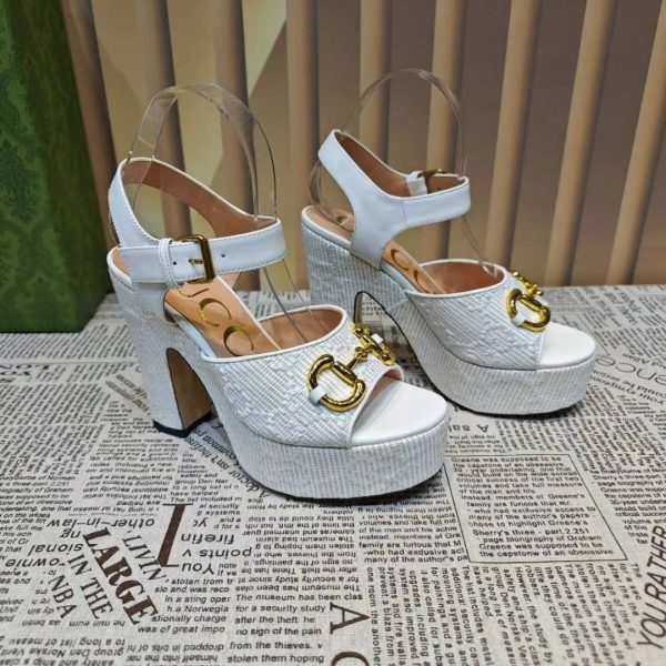 GUCCI HORSEBIT PLATFORM SANDAL GG EMBELLISHED ‎WHITE