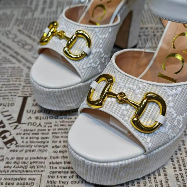 GUCCI HORSEBIT PLATFORM SANDAL GG EMBELLISHED ‎WHITE