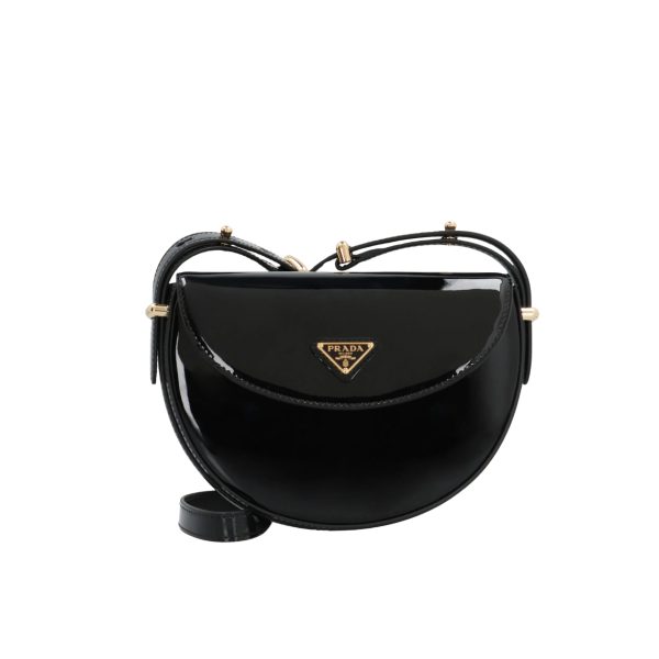 PRADA TRIANGLE LOGO PATENT LEATHER SHOULDER BAG BLACK 17CM