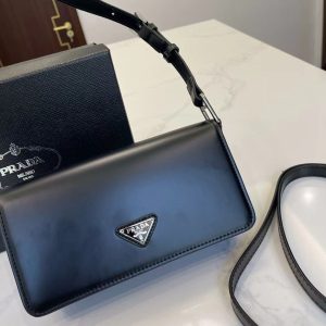 PRADA BRUSHED LEATHER PRADA FEMME BAG BLACK 22CM 1BD323 ZO6 F0002 V HOO