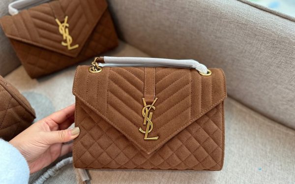 SAINT LAURENT ENVELOPE MEDIUM MATELASSÉ SUEDE SHOULDER BAG BROWN 24CM