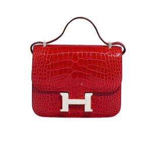 HERMÈS MINI CONSTANCE 19 SHINY ALLIGATOR PALLADIUM HARDWARE RED 19CM