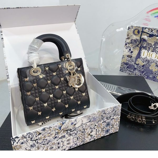 DIOR SMALL LADY DIOR BAG CANNAGE LAMBSKIN WITH GOLD FINISH BUTTERFLY STUDS BLACK 20CM M0531ONHZ M900