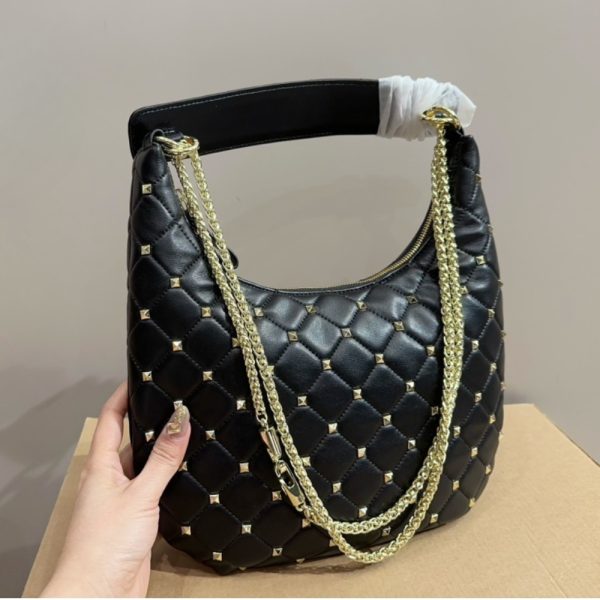 VALENTINO ROCKSTUD SPIKE LEATHER HOBO BAG BLACK 28CM 3W2B0M32WAS