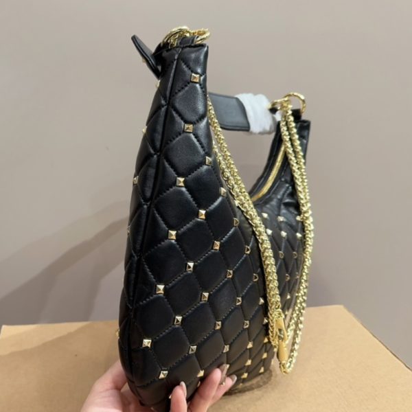 VALENTINO ROCKSTUD SPIKE LEATHER HOBO BAG BLACK 28CM 3W2B0M32WAS