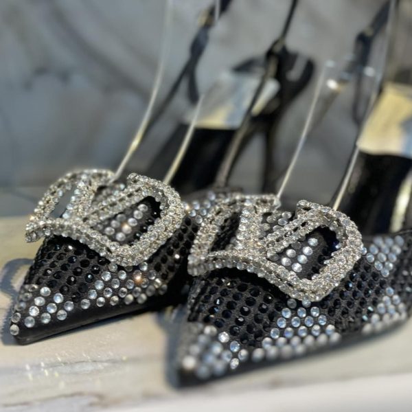 VALENTINO VLOGO SIGNATURE BACK STRAP CRYSTAL HIGH HEELS BLACK