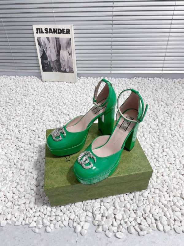 GUCCI WOMEN’S PLATFORM PUMP WITH GREEN DOUBLE G ‎762386 BNC00 3727