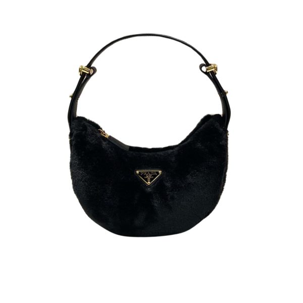 PRADA ARQUE SHEARLING AND LEATHER SHOULDER BAG BLACK 22CM