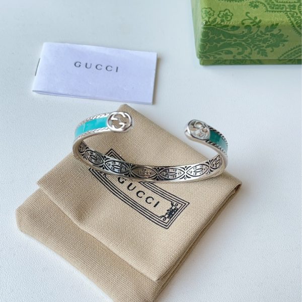 GUCCI CUFF BRACELET INTERLOCKING GG STERLING SILVER TURQUOISE ENAMEL