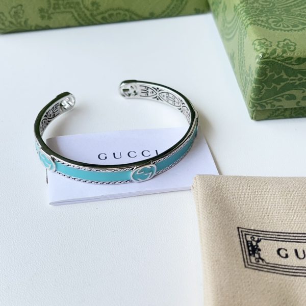 GUCCI CUFF BRACELET INTERLOCKING GG STERLING SILVER TURQUOISE ENAMEL