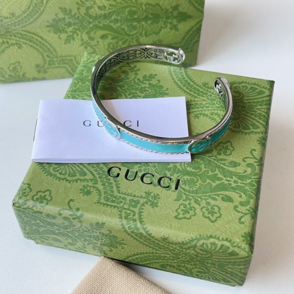 GUCCI CUFF BRACELET INTERLOCKING GG STERLING SILVER TURQUOISE ENAMEL