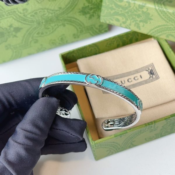 GUCCI CUFF BRACELET INTERLOCKING GG STERLING SILVER TURQUOISE ENAMEL