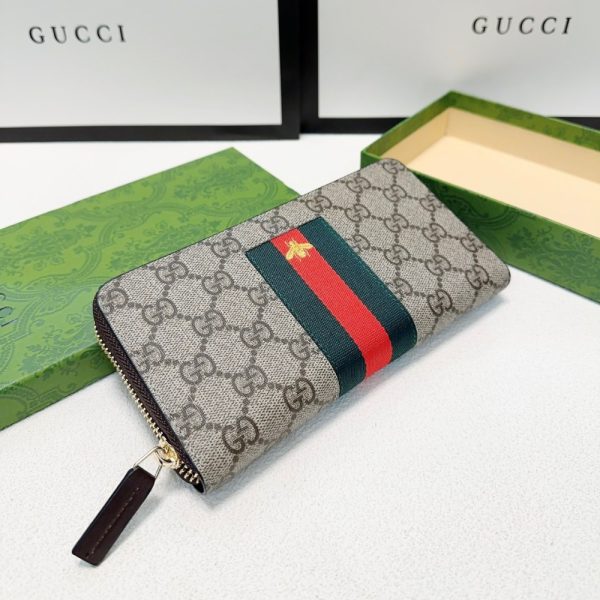 GUCCI SUPREME CANVAS BEE LEATHER WALLET LONG ROUND ZIPPER WEB BEIGE EBONY 21CM