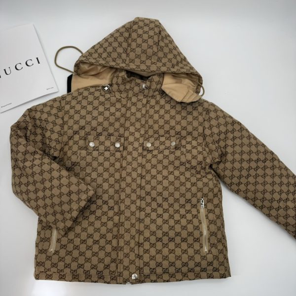 GUCCI GG CANVAS BOMBER JACKET WITH HOOD CAMEL