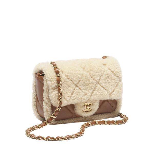 CHANEL MINI FLAP BAG SHEARLING BEIGE & BROWN 18CM AS5148-B18194-NZW48