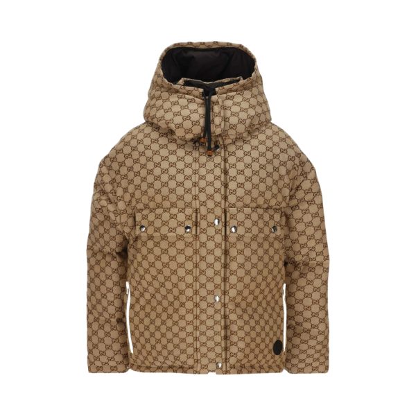 GUCCI GG CANVAS BOMBER JACKET WITH HOOD CAMEL