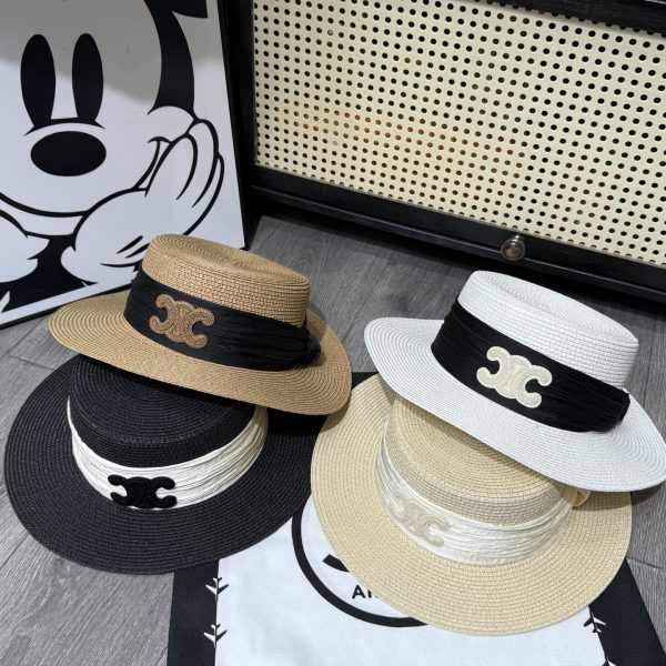 CELINE TRIOMPHE RAFFIA BOATER HAT WITH SILK IN BLACK