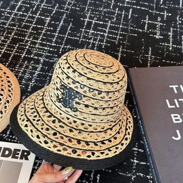 CELINE TRIOMPHE RAFFIA BUCKET HAT NATURAL AND BLACK