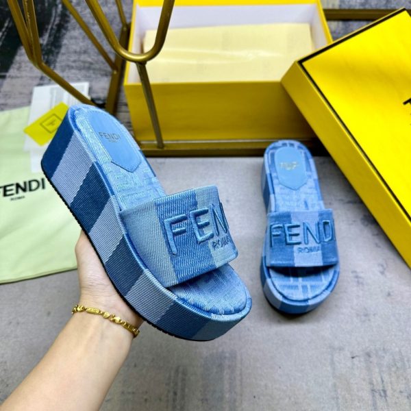 FENDI SUNSHINE FLATFORM SLIDES LIGHT BLUE DENIM  8R8515ASB5F1STD