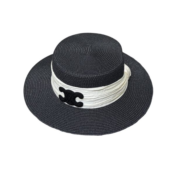 CELINE TRIOMPHE RAFFIA BOATER HAT WITH SILK IN BLACK