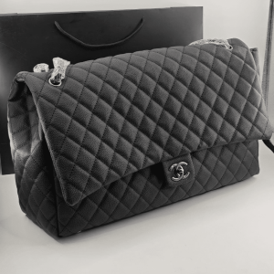 CHANEL XXL AIRLINE CLASSIC TRAVEL FLAP BAG CAVIAR LEATHER BLACK SILVER HARDWARE 46CM