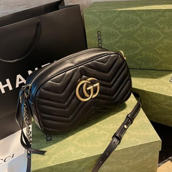 SUMMER SET: GUCCI MARMONT SMALL MATELASSE SHOULDER BAG BLACK & PRINCETOWN GG SLIPPERS LEATHER BLACK