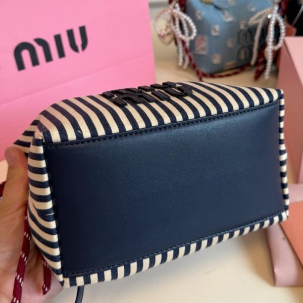 MIU MIU JACQUARD FABRIC POUCH WITH LOGO BALTIC BLUE AND BEIGE 19CM 5NE841 ACQ3 F0Z12