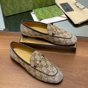 GUCCI WOMEN’S JORDAAN LOAFER BEIGE AND DARK BROWN 813000 FAD4D 2550