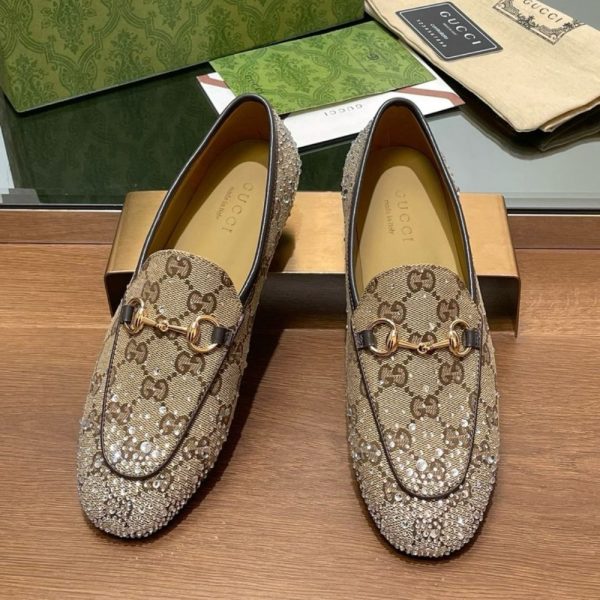 GUCCI WOMEN’S JORDAAN LOAFER BEIGE AND DARK BROWN 813000 FAD4D 2550