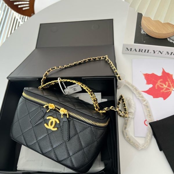 SUMMER SET: CHANEL SMALL VANITY CASE SS22 BLACK & MULTI LETTERS SQUARE SILK SCARF BLACK WHITE