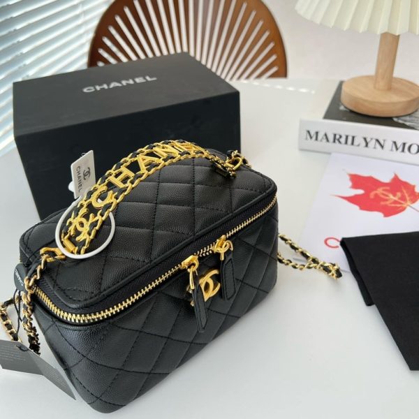 SUMMER SET: CHANEL SMALL VANITY CASE SS22 BLACK & MULTI LETTERS SQUARE SILK SCARF BLACK WHITE