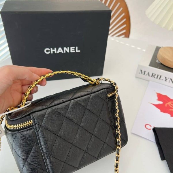 SUMMER SET: CHANEL SMALL VANITY CASE SS22 BLACK & MULTI LETTERS SQUARE SILK SCARF BLACK WHITE
