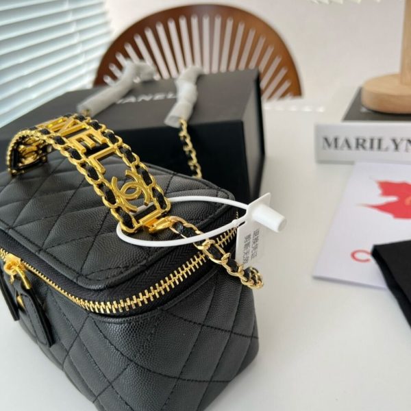 SUMMER SET: CHANEL SMALL VANITY CASE SS22 BLACK & MULTI LETTERS SQUARE SILK SCARF BLACK WHITE