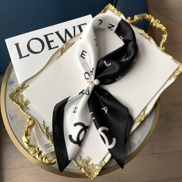 SUMMER SET: CHANEL SMALL VANITY CASE SS22 BLACK & MULTI LETTERS SQUARE SILK SCARF BLACK WHITE