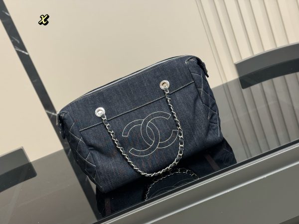 CHANEL BOWLING HANDBAG BLUE DENIM JEANS 32CM