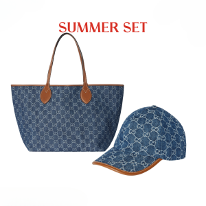 SUMMER SET: GUCCI TOTISSIMA LARGE TOTE BAG DENIM BLUE AND BROWN 30CM & GG DENIM BASEBALL HAT BLUE