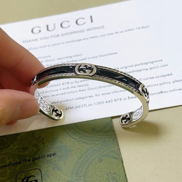GUCCI CUFF BRACELET INTERLOCKING GG STERLING SILVER BLACK ENAMEL