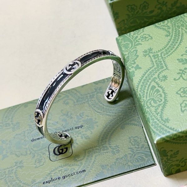 GUCCI CUFF BRACELET INTERLOCKING GG STERLING SILVER BLACK ENAMEL