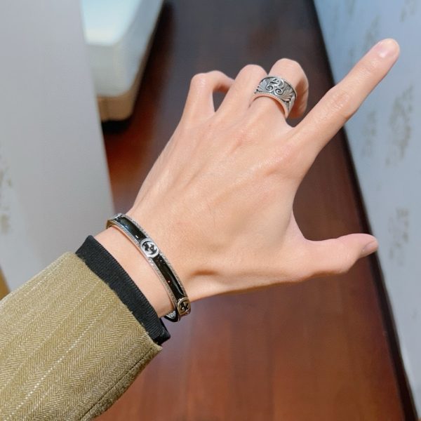 GUCCI CUFF BRACELET INTERLOCKING GG STERLING SILVER BLACK ENAMEL